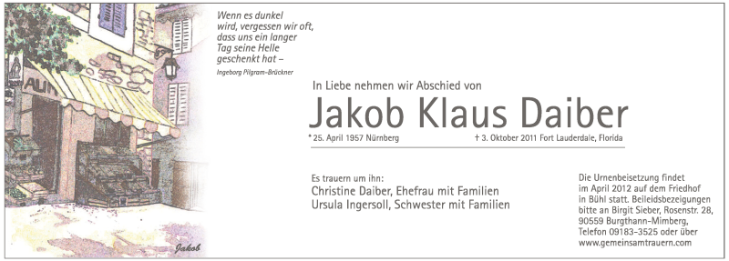  Traueranzeige für Jakob Klaus Daiber vom 15.10.2011 aus Pegnitz-Zeitung